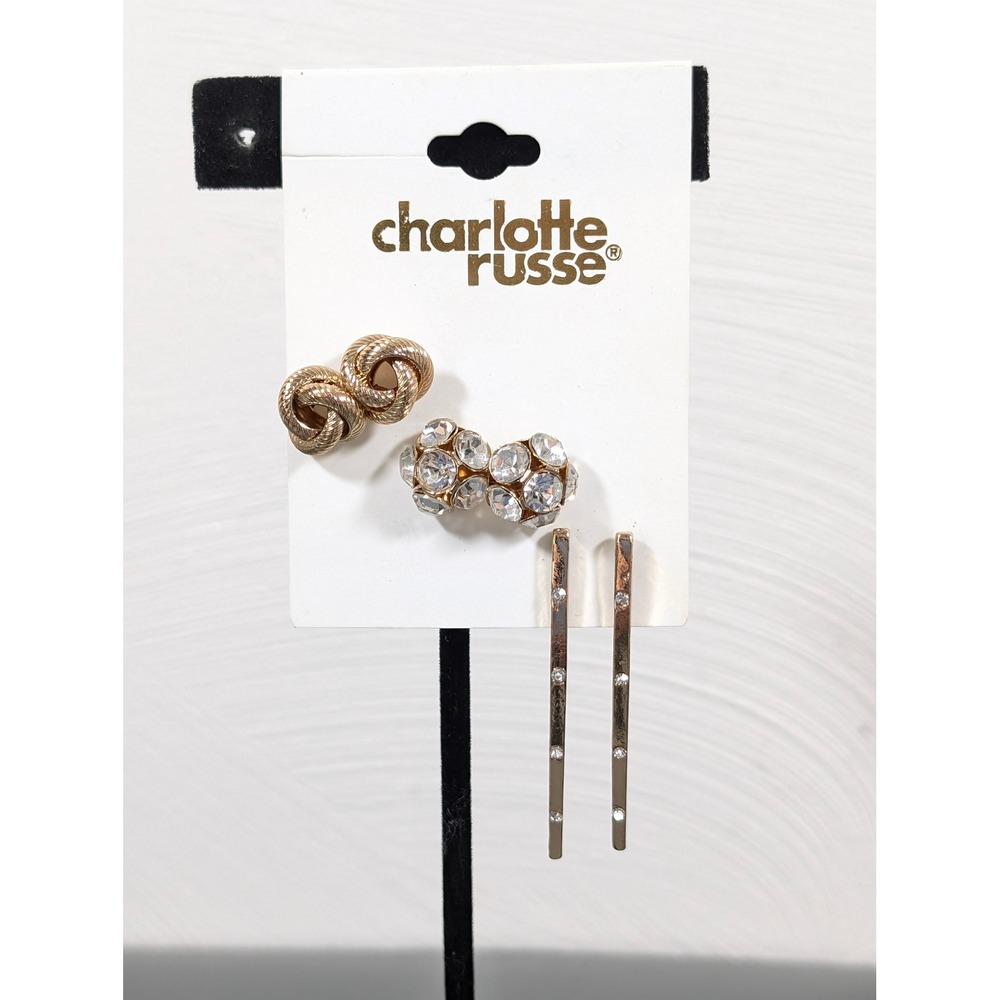 Charlotte Russe Set of 3 Gold Tone Earrings Knot Crystal Drop NWT